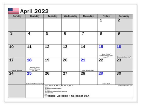 April 2022 Printable Calendar “united States” Michel Zbinden Us