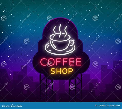 Coffee Neon Sign Logo Vector Illustration Emblem In Neon Style Bright