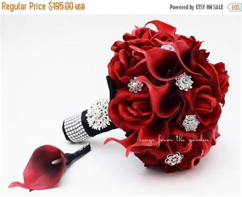 Winter Sale Red Roses Calla Lilies Rhinestones Bridal Bouquet Real