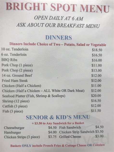 Bright Spot Tavern & Restaurant menu in De Soto, Wisconsin, USA