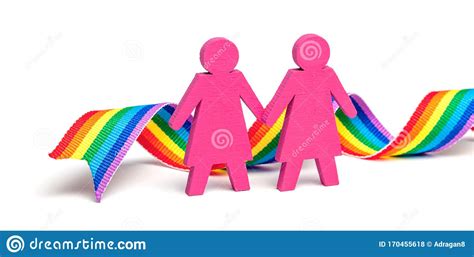 Two Lesbian Girls Holding Hands Isolated On White Background With Lgbt Rainbow Ribbon Stock