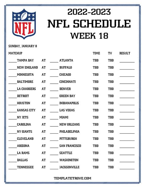 Week 18 Nfl Printable Schedule Browse The Nfl Weekly Schedule For