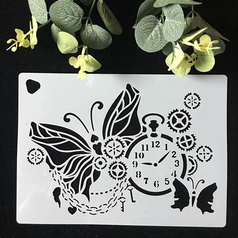 New 220160mm Gear Clock Butterfly Diy Layering Stencils Wall Painting