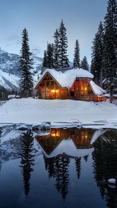 Download Wallpaper 800x1420 House Mountains Snow Lake Beautiful Landscape Iphone Se5s5c5