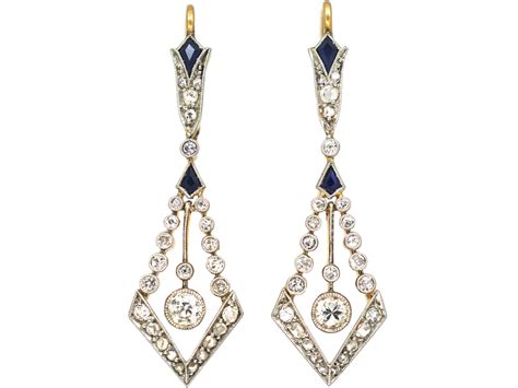 Art Deco 18ct Gold And Platinum Sapphire And Diamond Drop Earrings 974n
