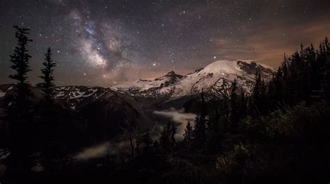 Milky Way Nature Long Exposure Mist Moonlight Mount Rainier