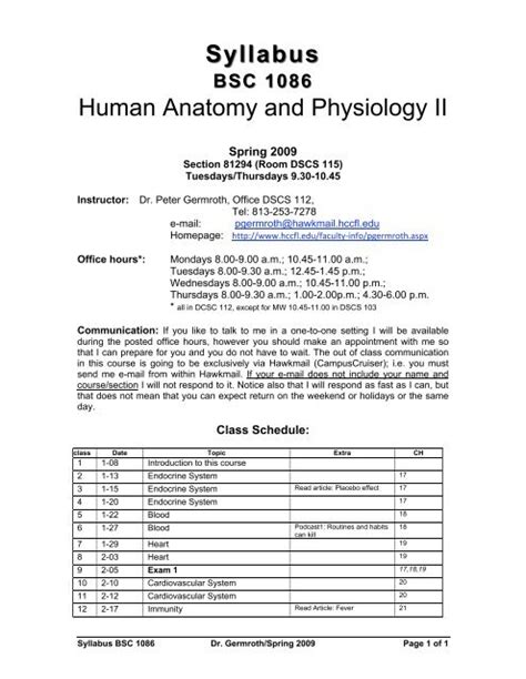Syllabus Human Anatomy And Physiology Ii Hillsborough