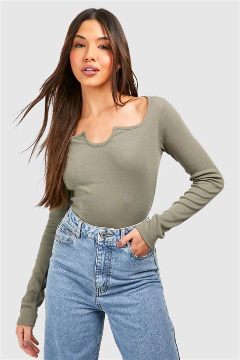 Basic Rib Notch Neck Bodysuit Boohoo