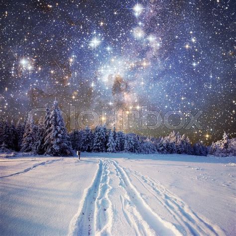 Starry Sky In Winter Snowy Night Stock Image Colourbox