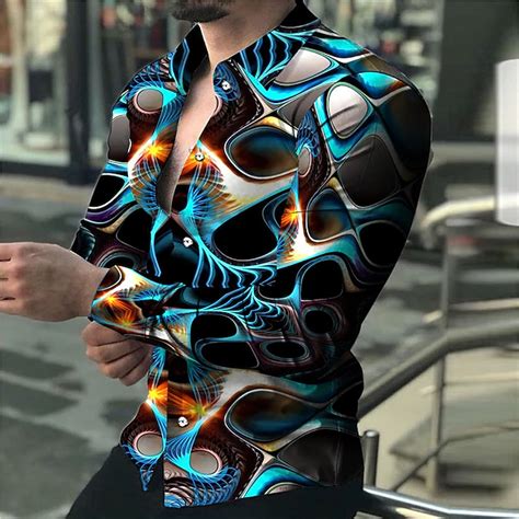 Multicolored Shirt Mens Graphic Optical Illusion Turndown Blue 3d Print