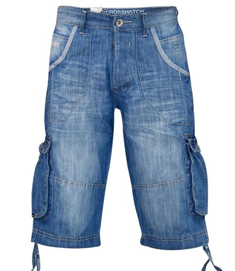 New Mens Crosshatch Branded Jeans Cargo Combat Three Quarter Denim Shorts Ebay