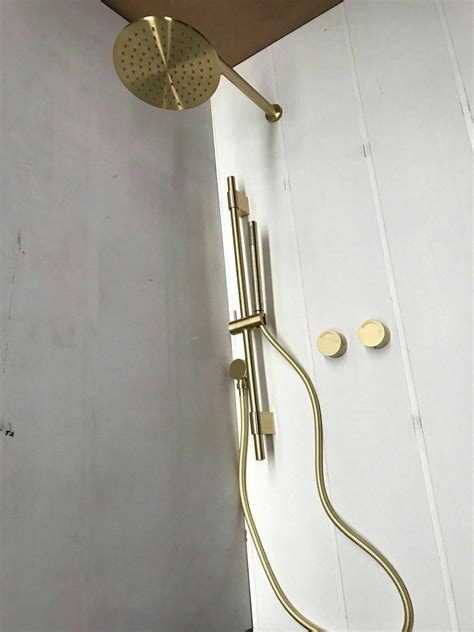 Burnished Brushed Brass Gold Shower Head 200mm Set Wall Arm Progressiv