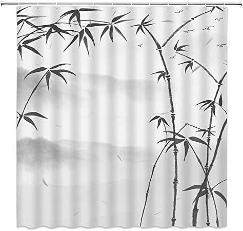 Japanese Bamboo Shower Curtain Asian Ink Painting Black Grey Bamboo Leaves Red Sun Mountains