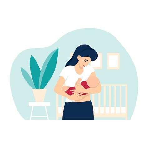 Ilustración de la lactancia materna madre alimentando a un bebé con pecho en casa con fondo de