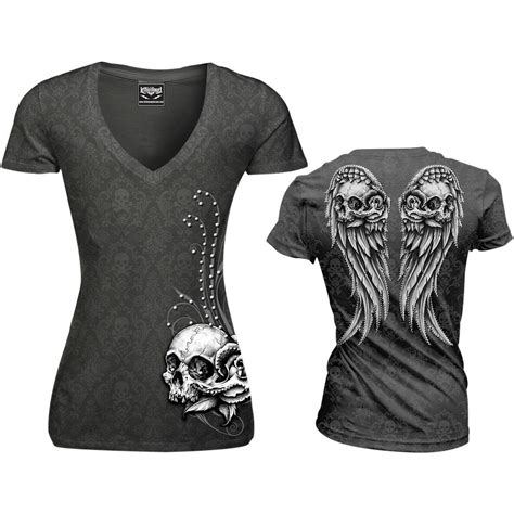 Lethal Threat Womens Wing Skull Burnout T Shirt Shirts Clothing Casual Apparel Fortnine