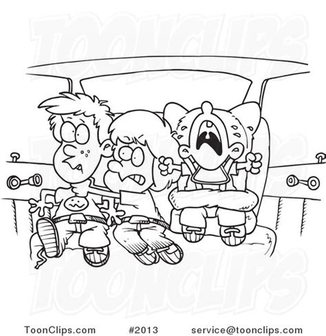 Cartoon Black And White Line Drawing Of Siblings Fighting In A Car On A