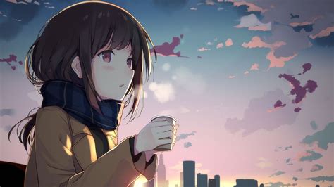 Desktop Wallpaper Cute Anime Girl Drinking Coffee Anime Hd Image