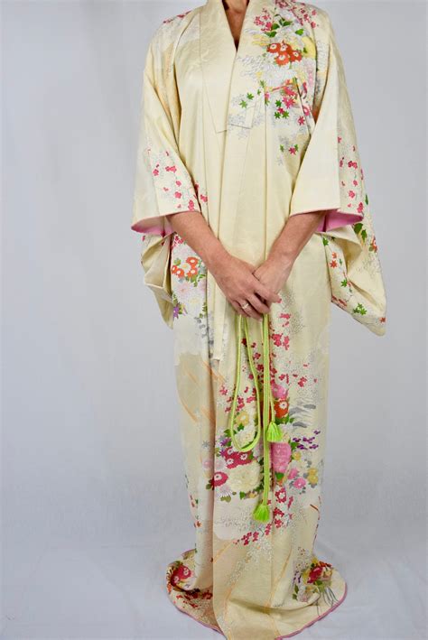Japanese Silk Kimono Robe With Fancy Embroidery Including Hand Braided