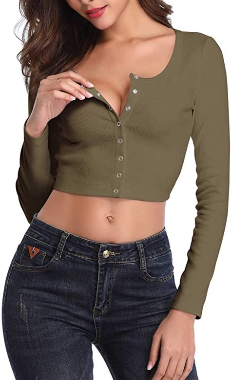 FENSACE Womens Button Down Long Sleeve Crop Top At Amazon Womens