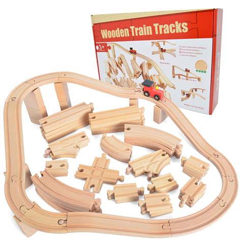 62 Pieces Wooden Train Track Expansion Set 1 Bonus Toy Train New