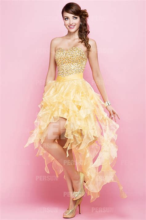 Yellow Tone High Low Corset Short Prom Dress With Beading Ppda0058