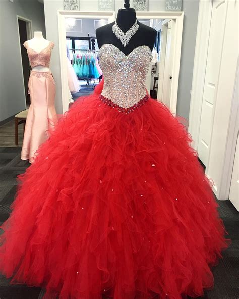 Princess Prom Ball Gown Red Quinceanera Dresses Sweet 16 Rhinestones