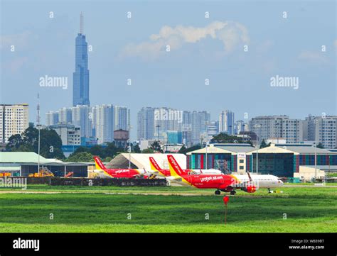 Saigon Vietnam Jun 19 2019 Vietjet Air Airplanes Taxiing On Runway