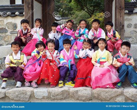 Group Of Children Dressed In Hanbok Traditional Korean Dress At