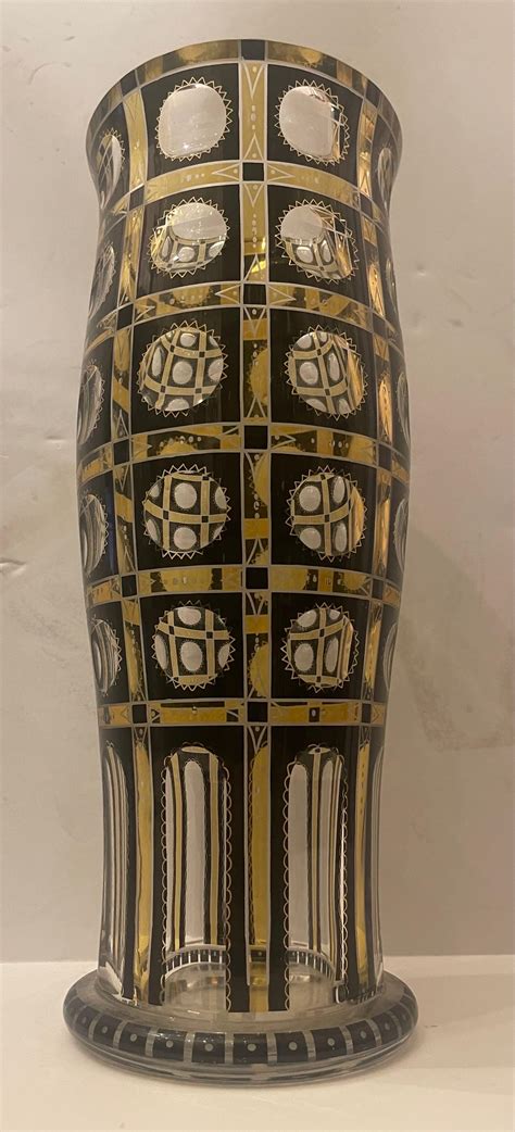 Wonderful Moser Art Glass Art Deco Enameled Yellow Black Etched Crystal Vase For Sale At 1stdibs