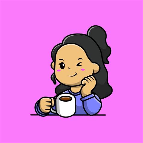 Premium Vector Cute Girl Drink Hot Coffee Cartoon Vector Icon
