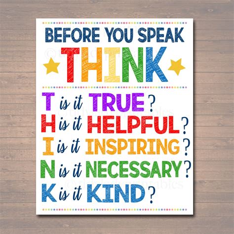 printable think before you speak sign instant download etsy printable classroom decor
