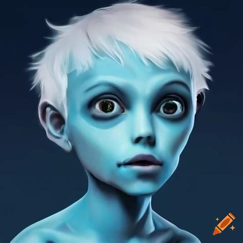 Portrait Of A Young Alien Boy With White Hair And Blue Skin On Craiyon