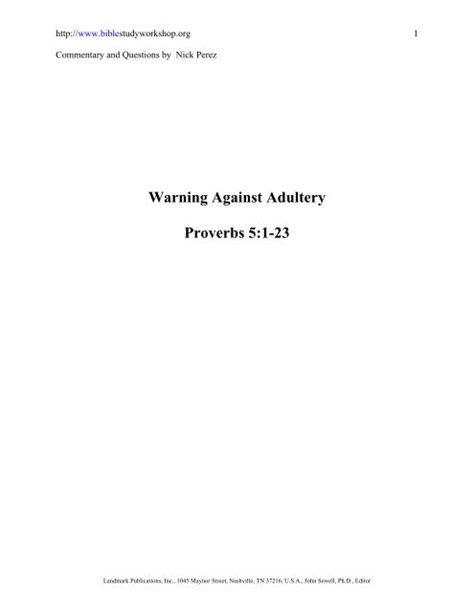 Warning Against Adultery Proverbs 51 23 Bible Study Workshop