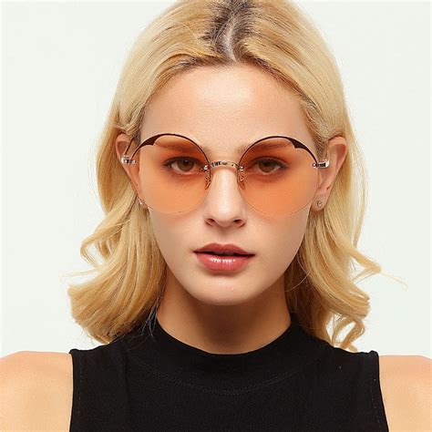 luxury elegant round sunglasses women rimless wild heart sun glasses pink blue lens vintage