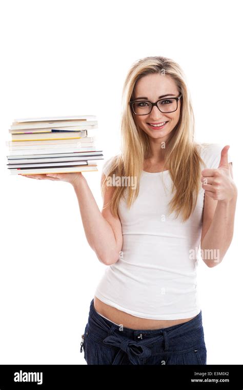 Female Model Wearing Nerd Glasses Carrying Books With One Hand And