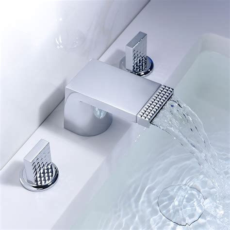 Modern Waterfall Deck Mount 2 Handle Widespread Bathroom Sink Faucet