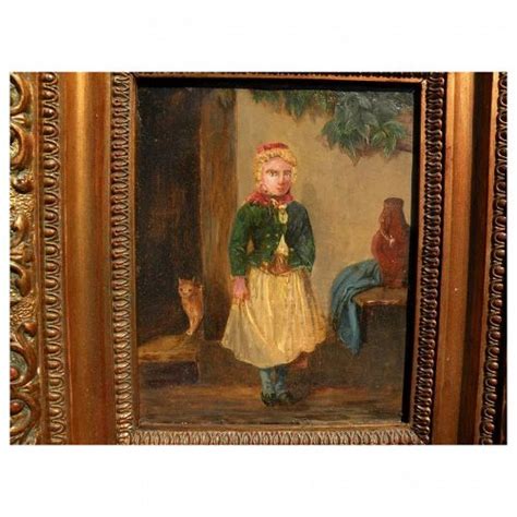 Antique 19th Century German Painting Of A Young Girl And Cat In