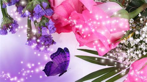 Pink Roses And Purple Butterflies On A White Tablecloth With Sparkles
