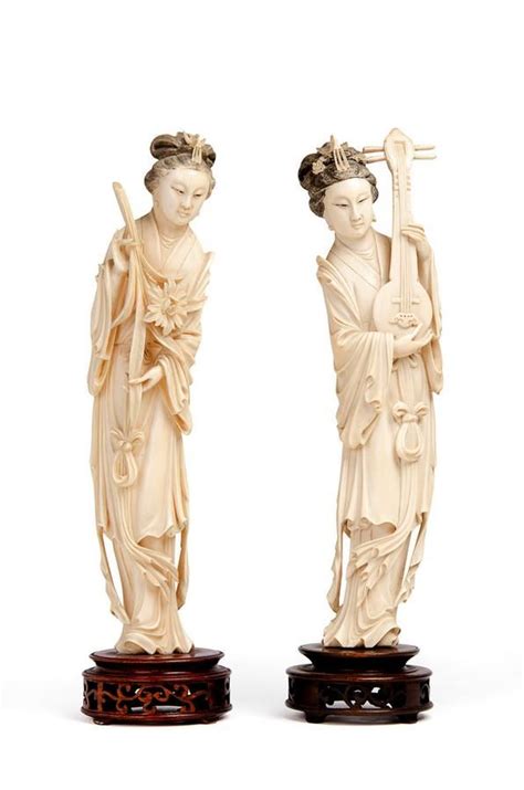 Pair Of Qing Dynasty Ivory Female Immortals With Phoenix Headdress