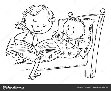 Bedtime Story Mother Reading To Child Outline Cartoon Illustration