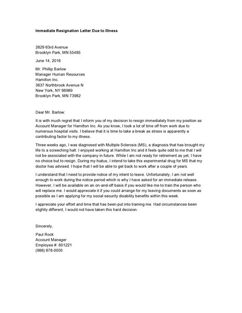 Resignation Letter Due To Mental Health Issues