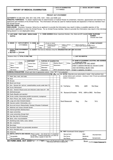 Fillable Dd Form 2808 Report Of Medical Examination 2005 Printable