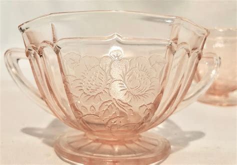 Vintage Blush Pink Depression Glass Sugar Bowl And Creamer Floral Cherry Blossom Pattern