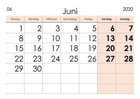 Kalender Juni 2020 Grosse Ziffern Im Querformat Kalendersu