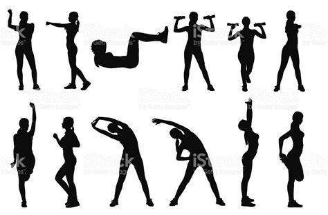 Set Or Collection Of Various Woman Sports Exercising Silhouettes