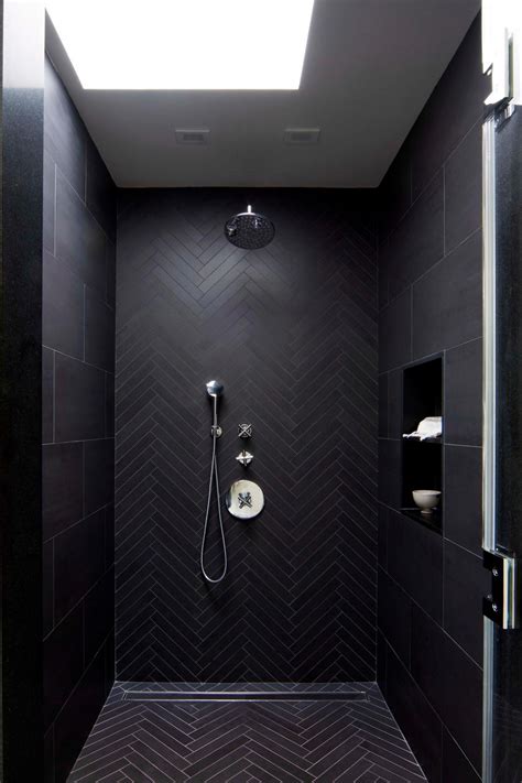Modern Master Bathroom Shower Detail With Black Herringbone Patterned