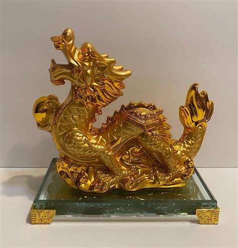 Feng Shui Chinese Golden Dragon Statue With Glass Stand Etsy