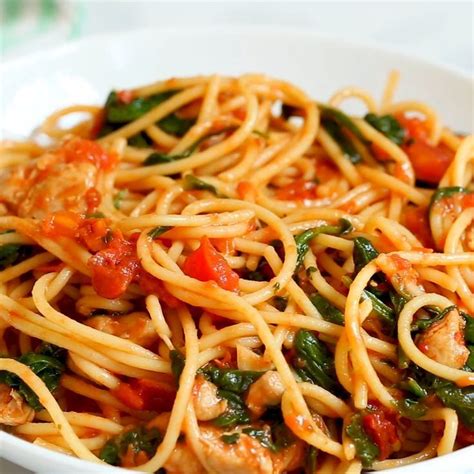 Cube chicken and place back in pan. Tomato Spinach Chicken Spaghetti | Healthy recipes ...