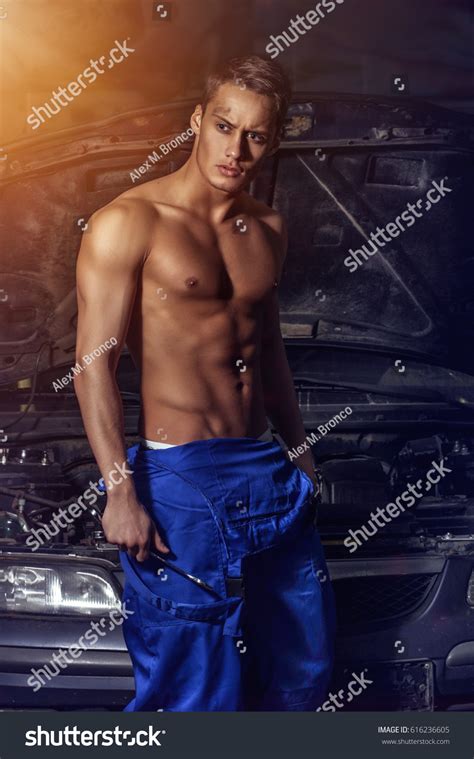 Mechanic Man Muscular Naked Torso Stands Stock Photo Shutterstock