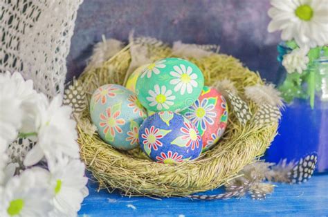 Decorated Easter Eggs With Daisies Stock Image Image Of Floral Grass
